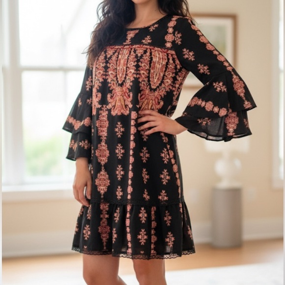 Lux Dresses & Skirts - Lux11 Bohemian Red & Black Dress with layered ruffle bell sleeves size 4